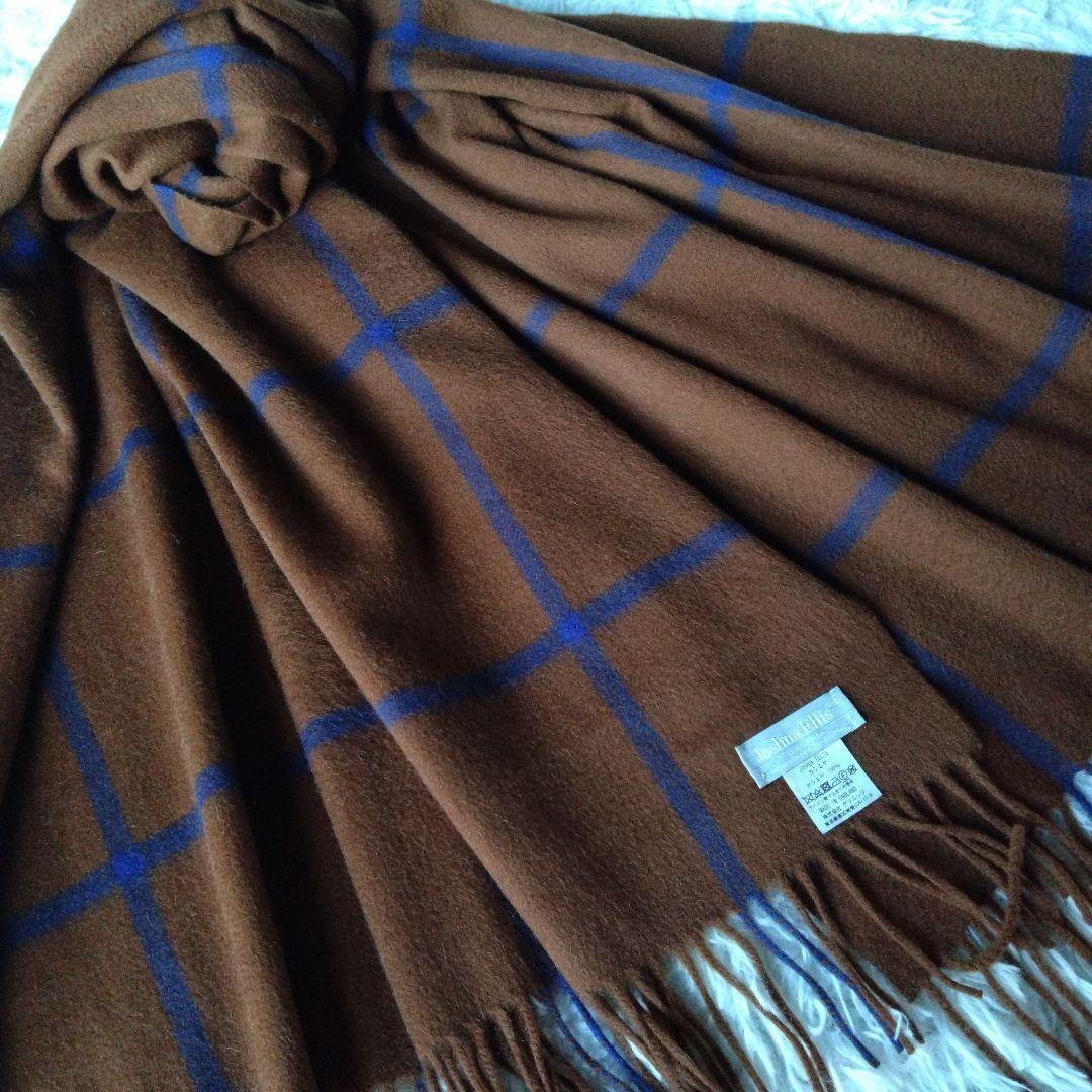 ジョシュアエリス　カシミヤ100%大判　ストール　ブラウン/ブルー　ウインドペン