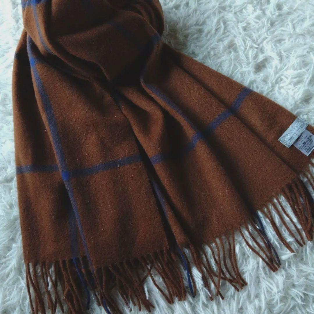 ジョシュアエリス　カシミヤ100%大判　ストール　ブラウン/ブルー　ウインドペン