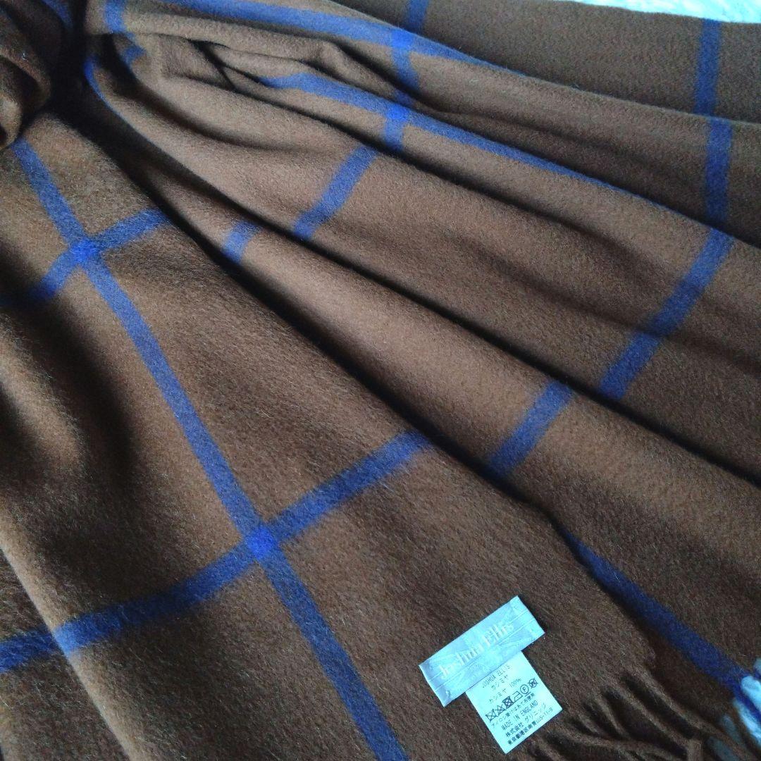 ジョシュアエリス　カシミヤ100%大判　ストール　ブラウン/ブルー　ウインドペン