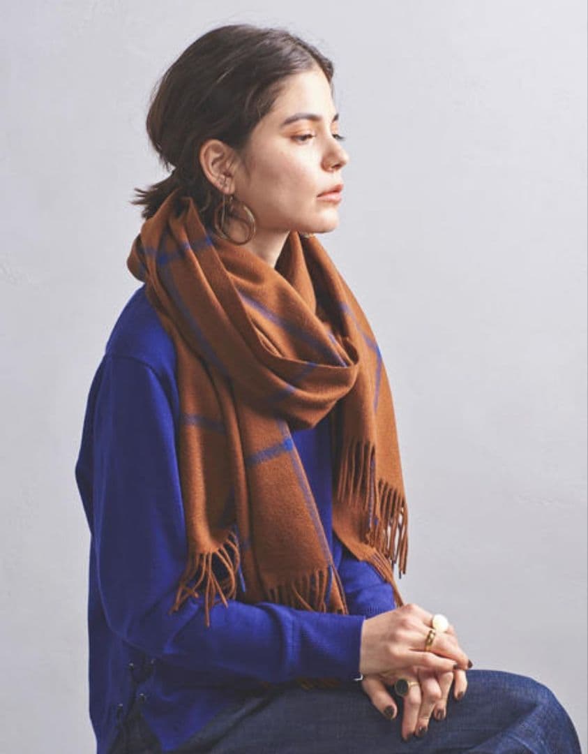 ジョシュアエリス　カシミヤ100%大判　ストール　ブラウン/ブルー　ウインドペン