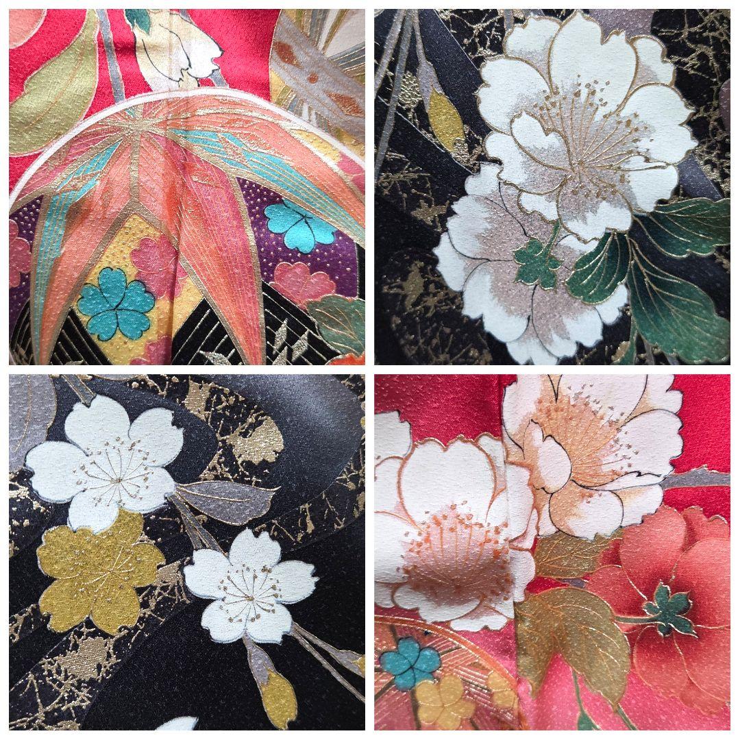 E◆着物くつろぎ 美品 蝶々に花模様 金彩 手毬 袷 正絹 振袖 成人式 着物