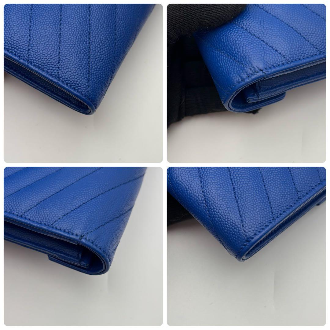 【極美品】サンローラン 長財布 ブルー Vステッチ キャビアスキン YSL