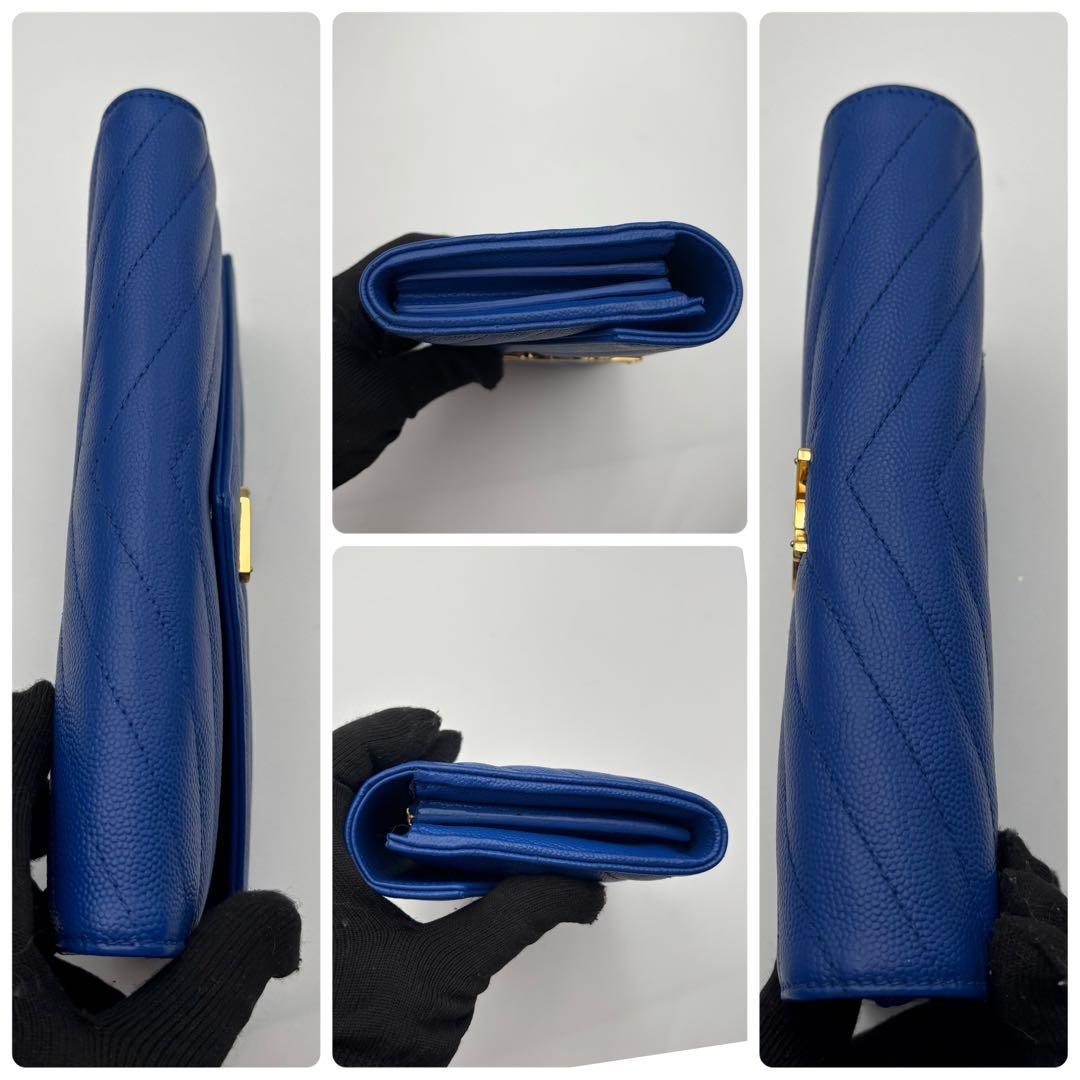 【極美品】サンローラン 長財布 ブルー Vステッチ キャビアスキン YSL