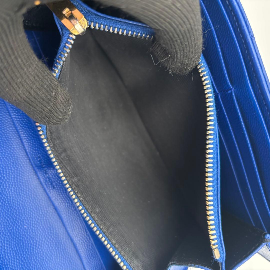 【極美品】サンローラン 長財布 ブルー Vステッチ キャビアスキン YSL