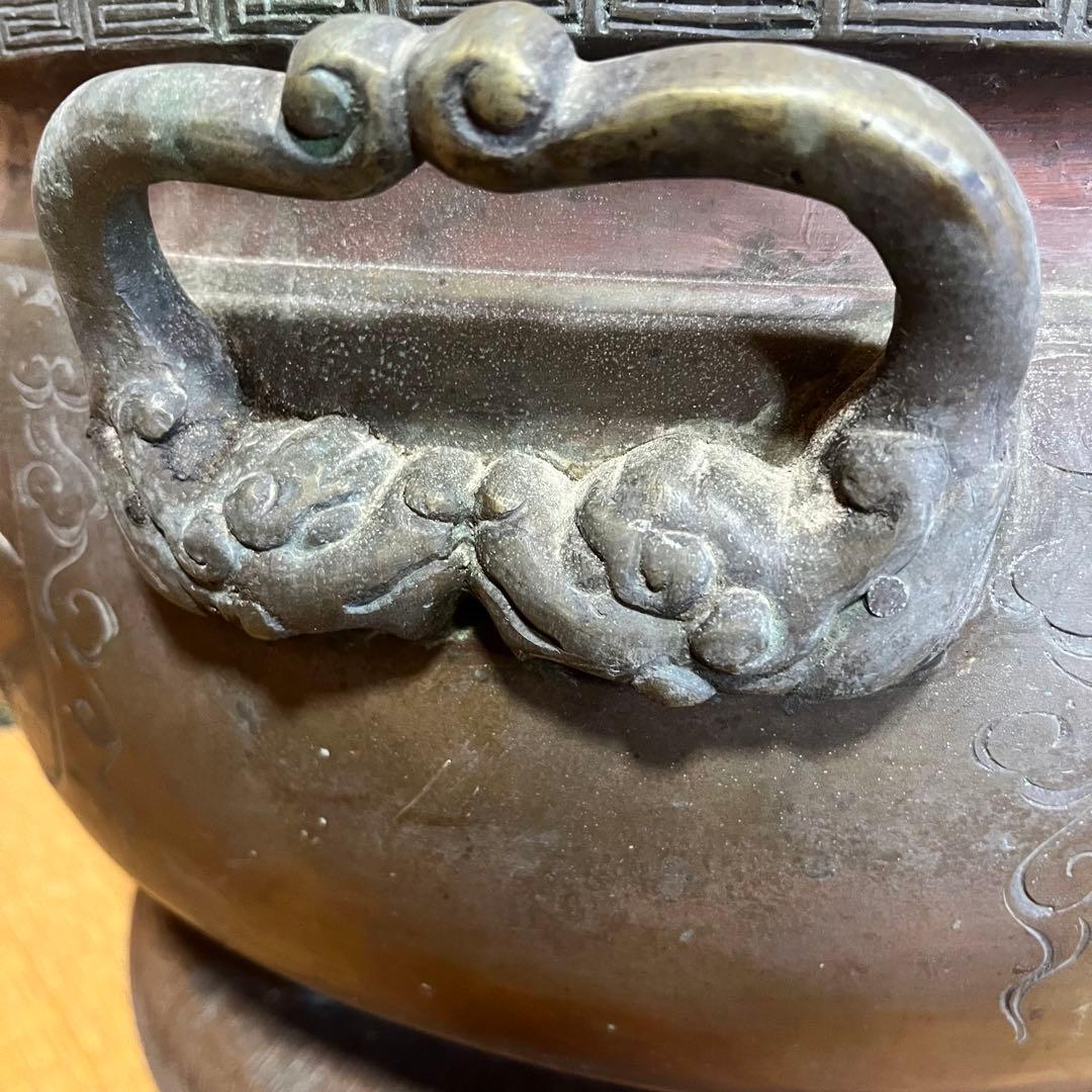 真鍮火鉢　台座付き　龍の取手　大型　43cm