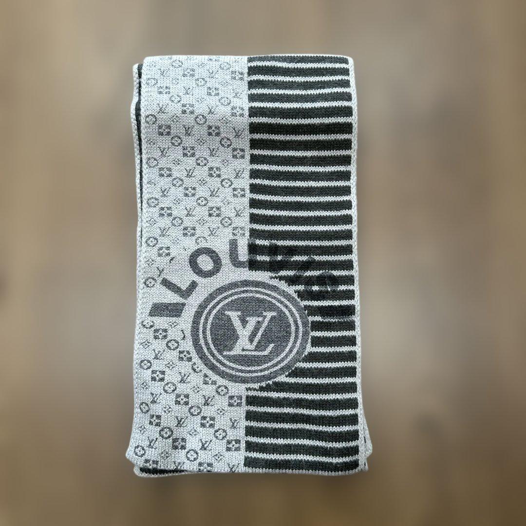 ルイヴィトン　マフラー　ストール　ニット　ブラック×グレー　防寒