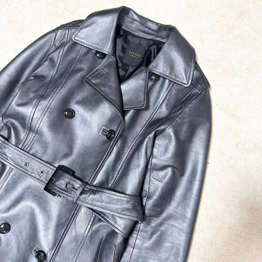 極美品　ダーマコレクション　レザートレンチコート　ラムレザー　メタリックシルバー