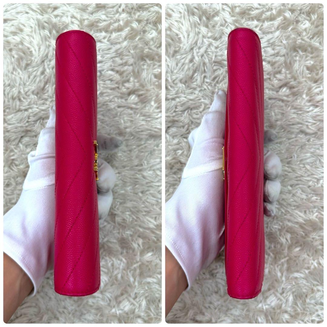【未使用級】サンローラン 長財布 ピンク フラップ YSL Vステッチ