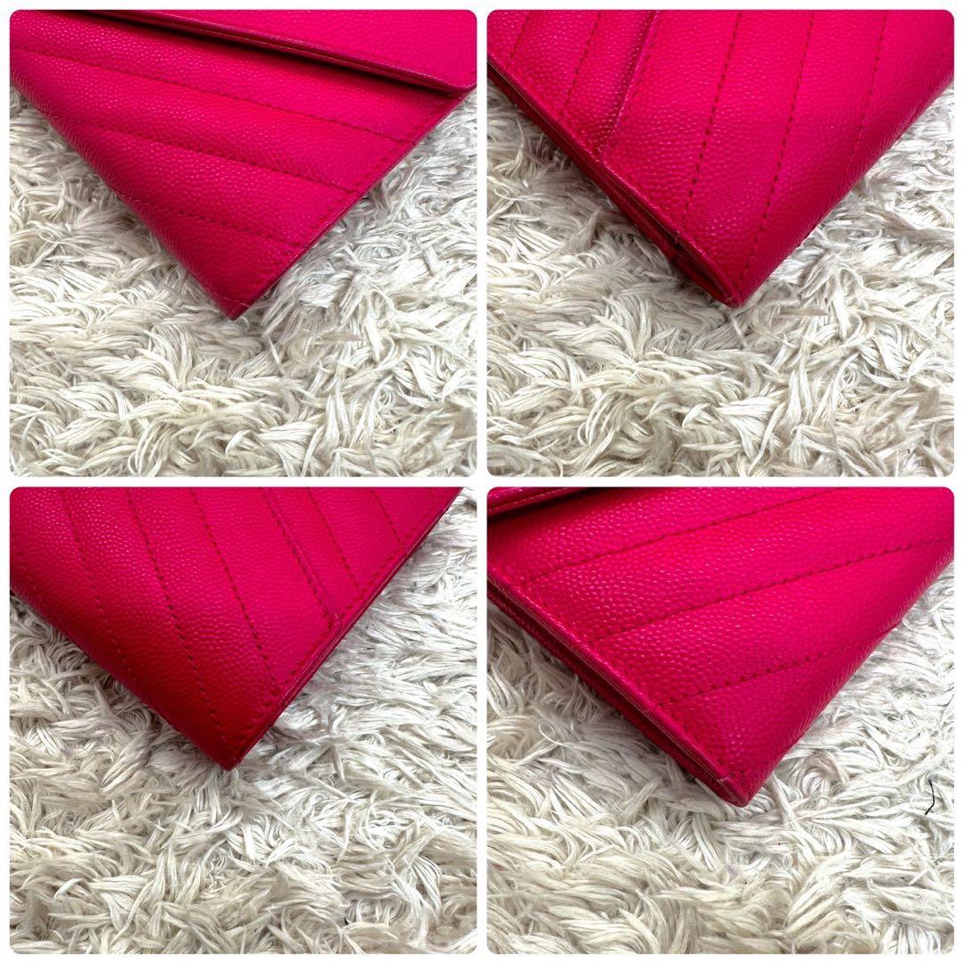 【未使用級】サンローラン 長財布 ピンク フラップ YSL Vステッチ