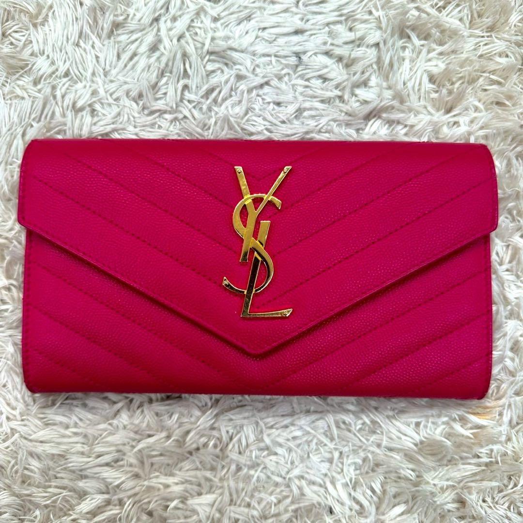 【未使用級】サンローラン 長財布 ピンク フラップ YSL Vステッチ