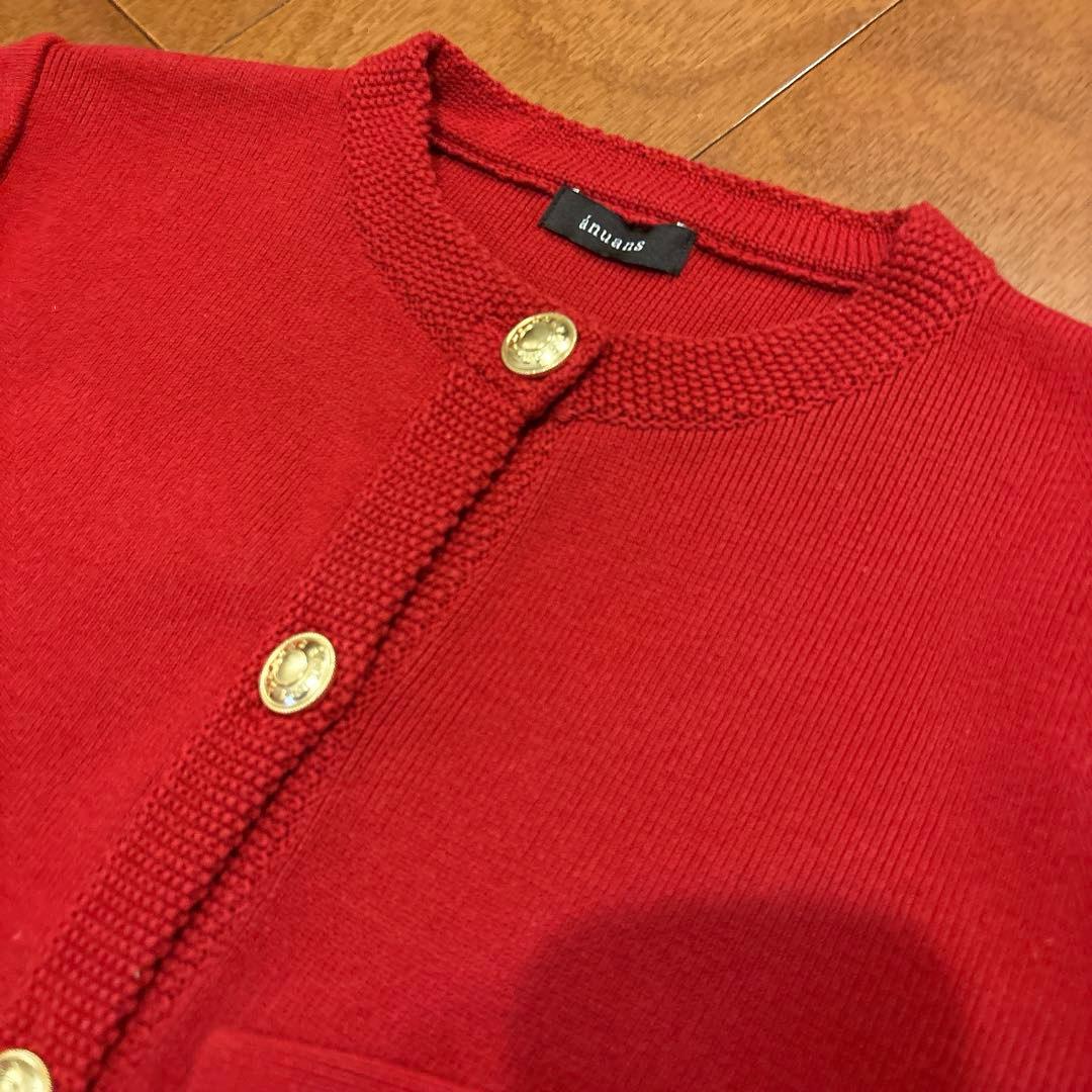 anuans オリジナルボタンノーカラーニットジャケット レッド