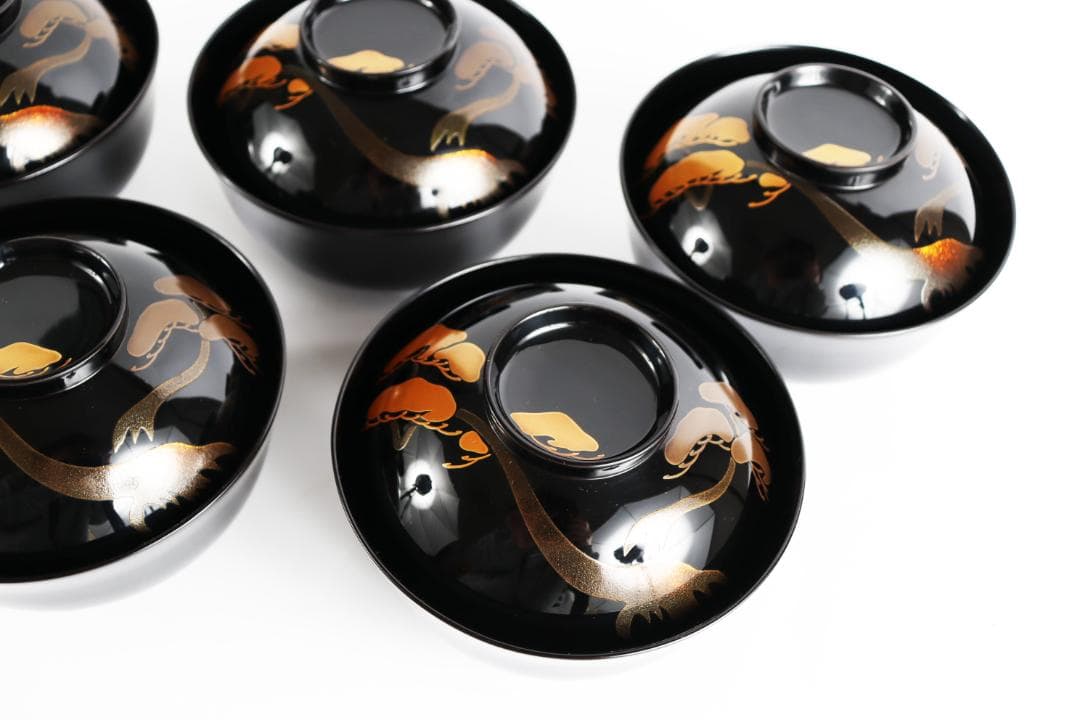 輪島塗 漆光堂 老松 旭日 見返り日の出 蒔絵 吸物椀 五客 共箱 漆器