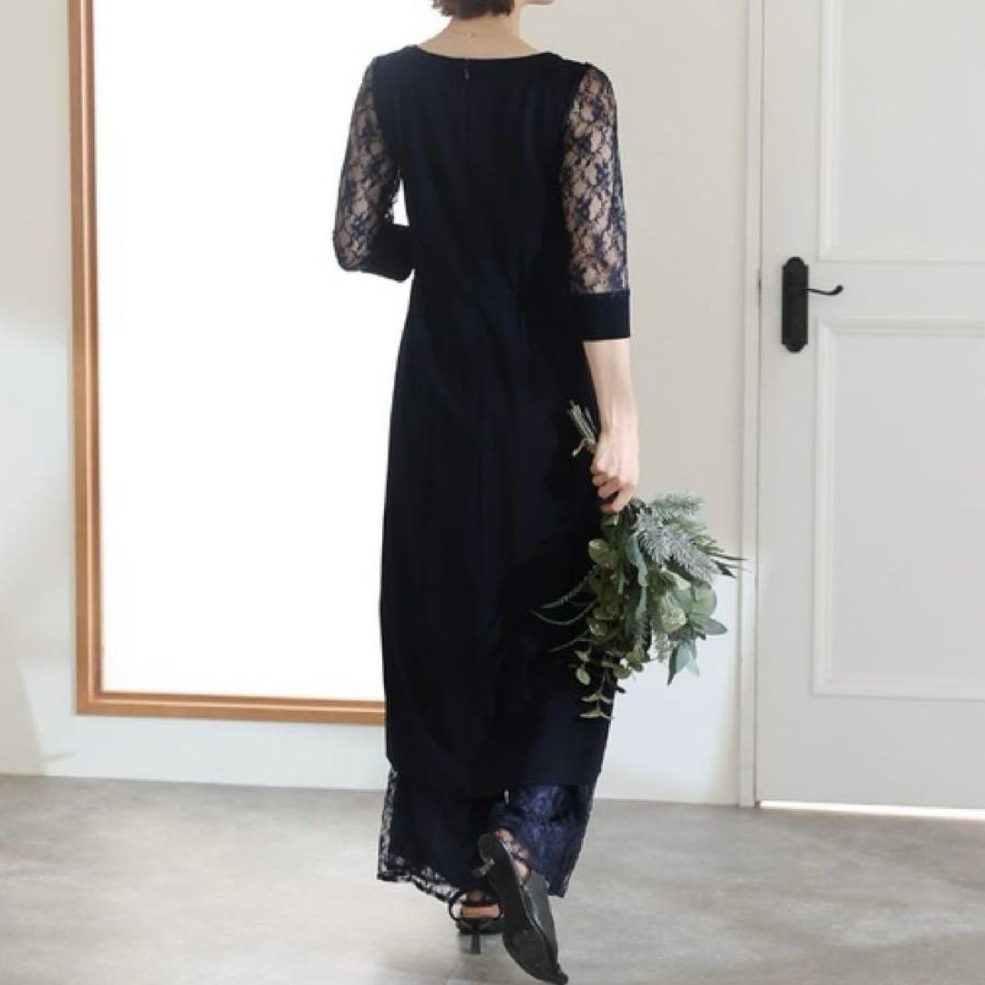 PourVous　ミモレ丈＆七分袖フォーマルパンツレイヤード　ドレス　ネイビー