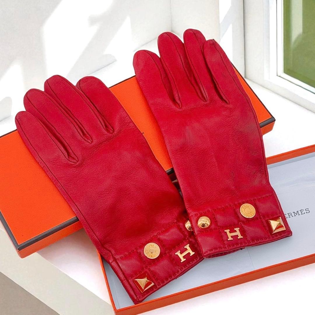 希少エルメス/レザーグローブ/手袋/セリエ メドール/ゴールド金具/7.5
