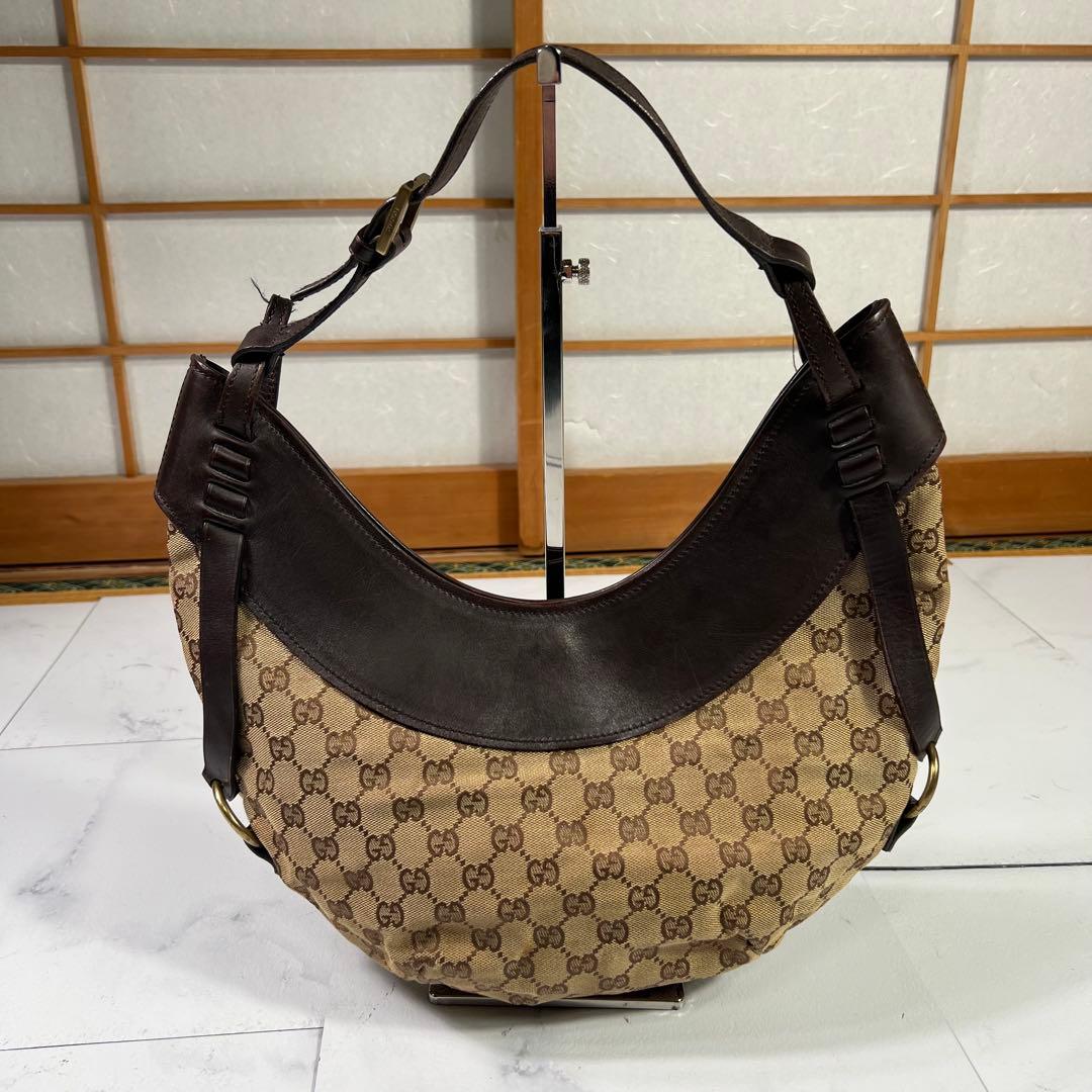 GUCCI グッチ ワンショルダーバッグ 三日月型　GG柄 レザー×キャンバス