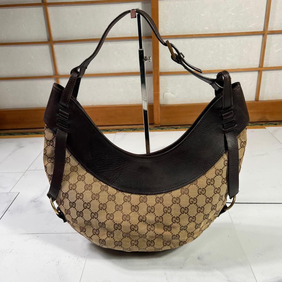 GUCCI グッチ ワンショルダーバッグ 三日月型　GG柄 レザー×キャンバス