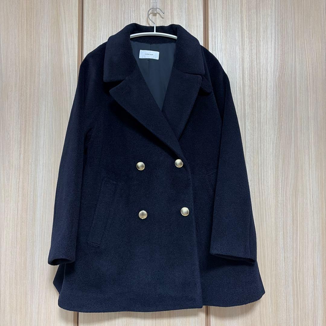 週末お値下げ　グローバルワーク　軽やかストレッチ襟2WAYミドルコート　ネイビー