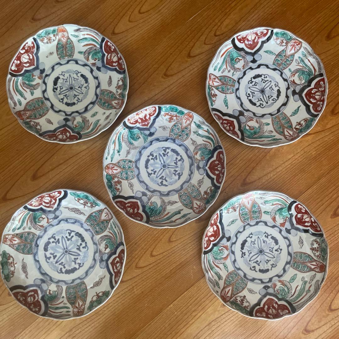 手描き 色絵 伊万里 古伊万里 江戸 明治 中皿 レトロ 骨董 和食器 5枚