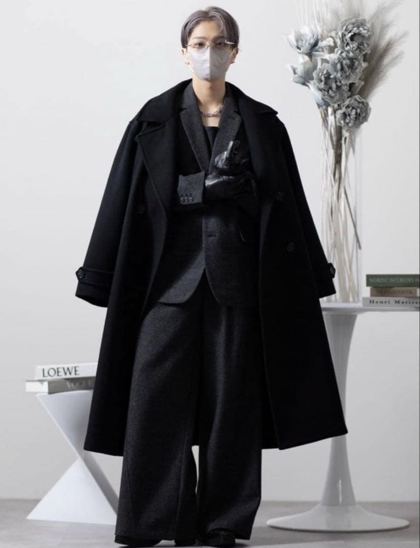 完売品【CLEL】ウールブレンドテックメルトンダブルチェスターコート　ブラックS