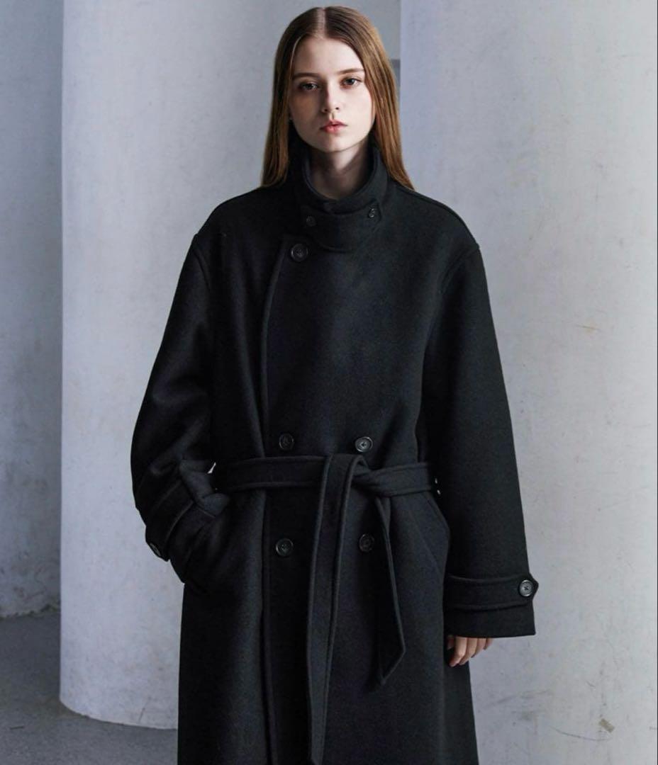 完売品【CLEL】ウールブレンドテックメルトンダブルチェスターコート　ブラックS