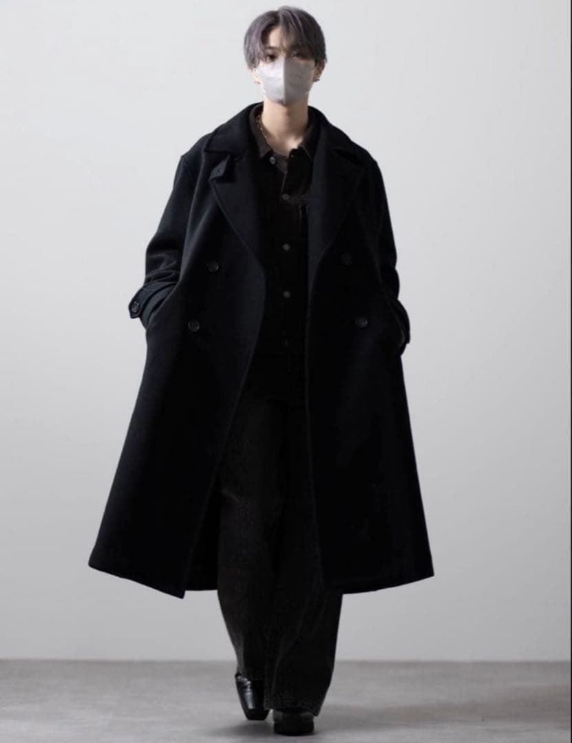 完売品【CLEL】ウールブレンドテックメルトンダブルチェスターコート　ブラックS