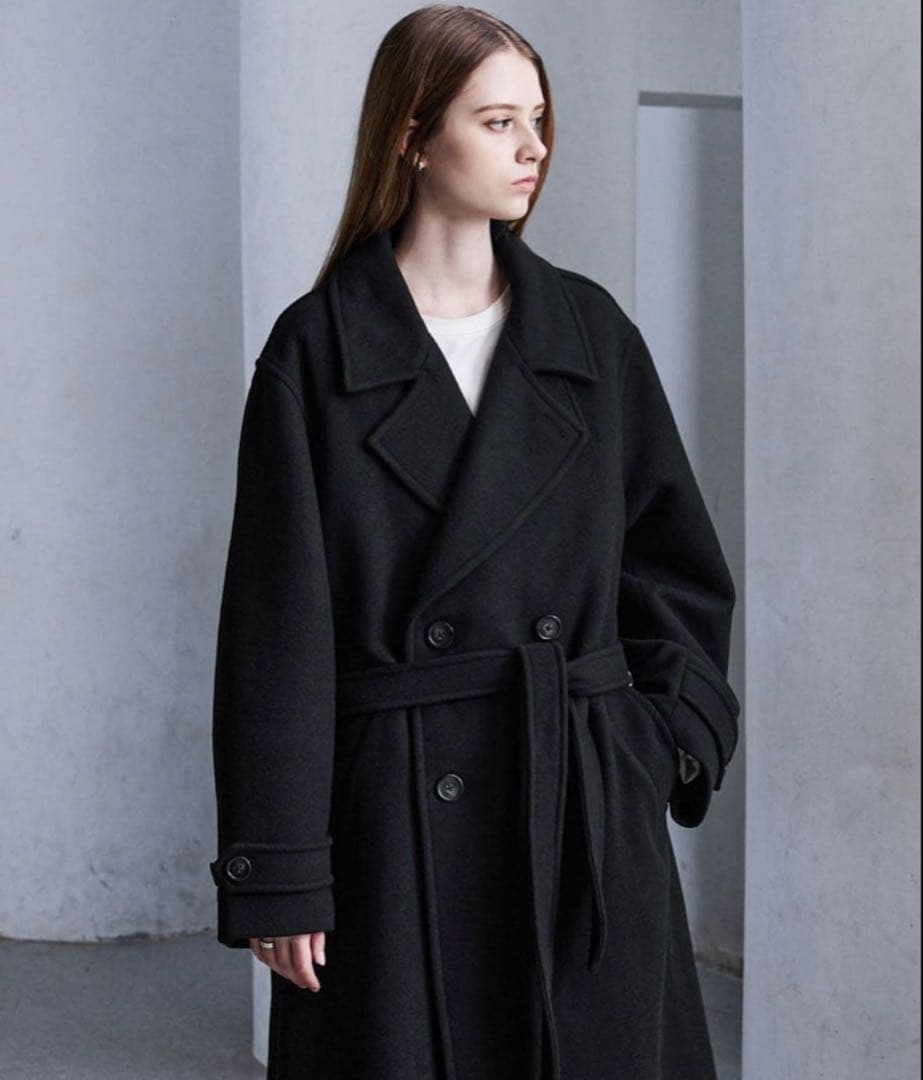 完売品【CLEL】ウールブレンドテックメルトンダブルチェスターコート　ブラックS