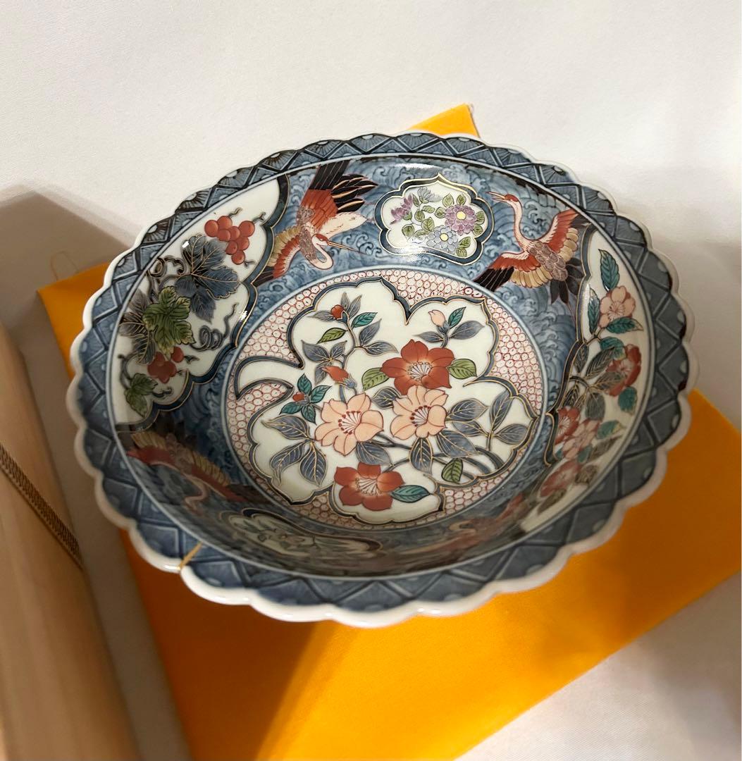 献上手染錦 お鉢 伊万里焼 福右衛門 鉢 茶道具 菓子鉢 鶴 縁起 寿 金継ぎ