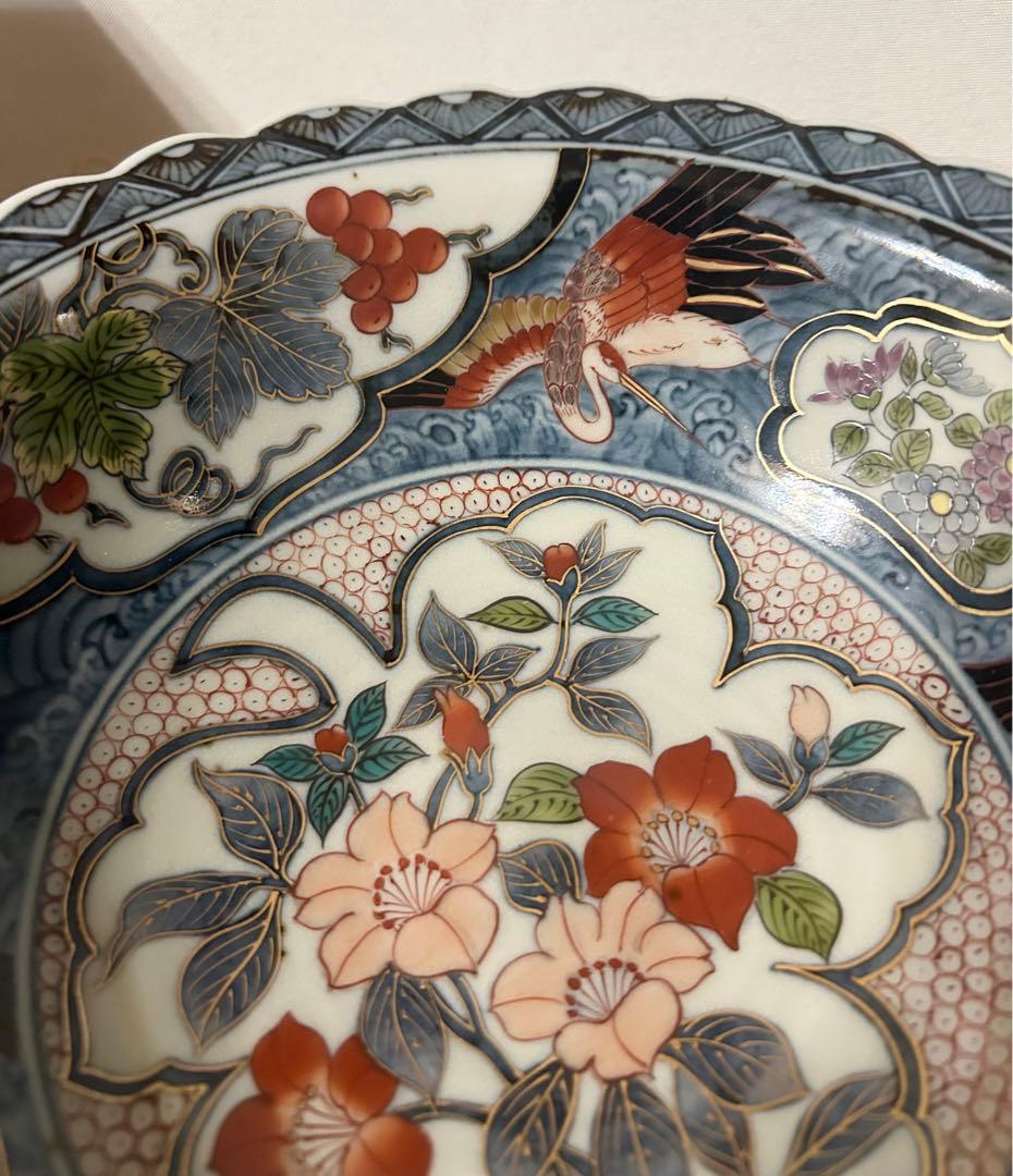 献上手染錦 お鉢 伊万里焼 福右衛門 鉢 茶道具 菓子鉢 鶴 縁起 寿 金継ぎ