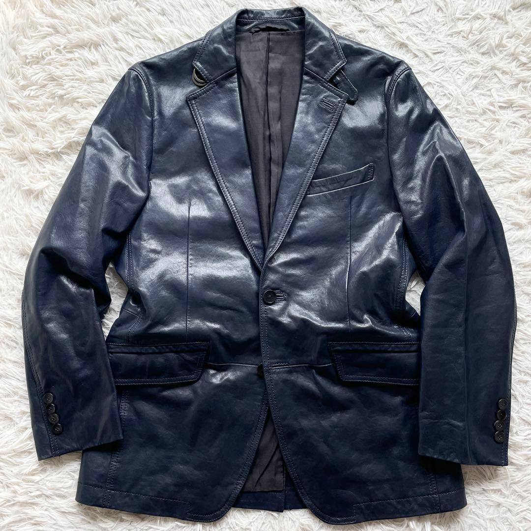 美品 希少色 ピエールカルダン シープスキン レザージャケット 微光沢ネイビー