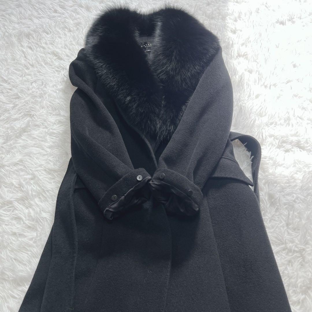 マテリア アンゴラ ベルテッド コート 比翼 フォックスファー 38 ブラック