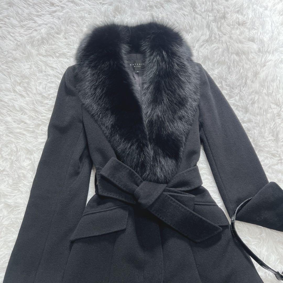 マテリア アンゴラ ベルテッド コート 比翼 フォックスファー 38 ブラック