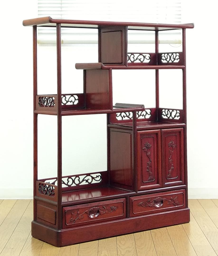 木製 唐木 花梨 彫刻 透かし彫り 茶箪笥 違い棚 飾り棚 茶棚 煎茶棚 収納棚