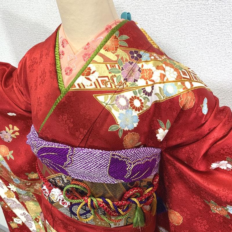 506z6〇京都きもの友禅 高身長な方 振袖 地紋 金彩 金駒刺繍 赤〇成人式