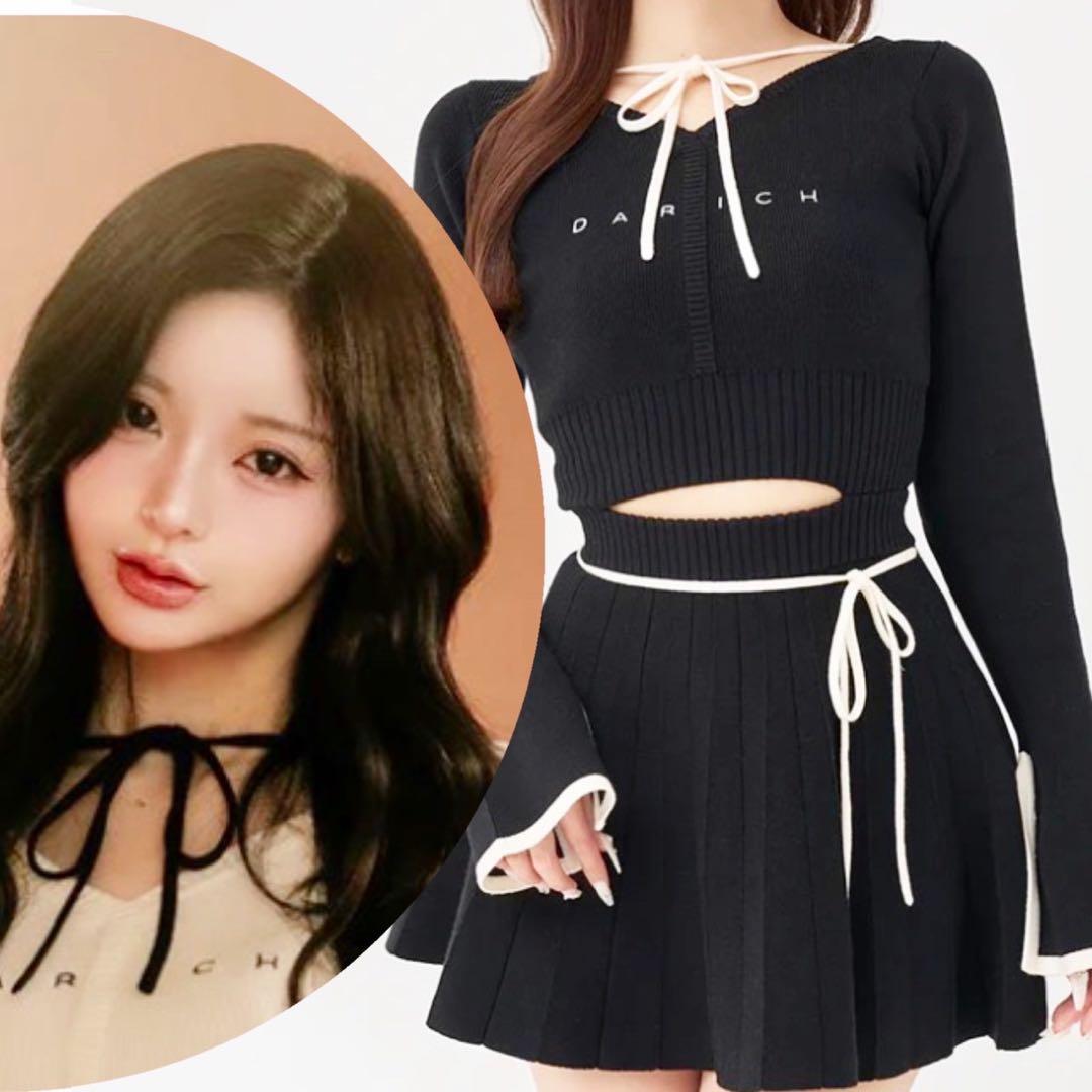 新品未開封　ダーリッチ　ウエストオープンリボンデザインニットミニワンピース　F黒