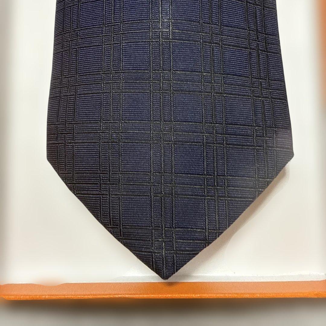 エルメス　ネクタイ　紺　チェック柄　シルクジャガード