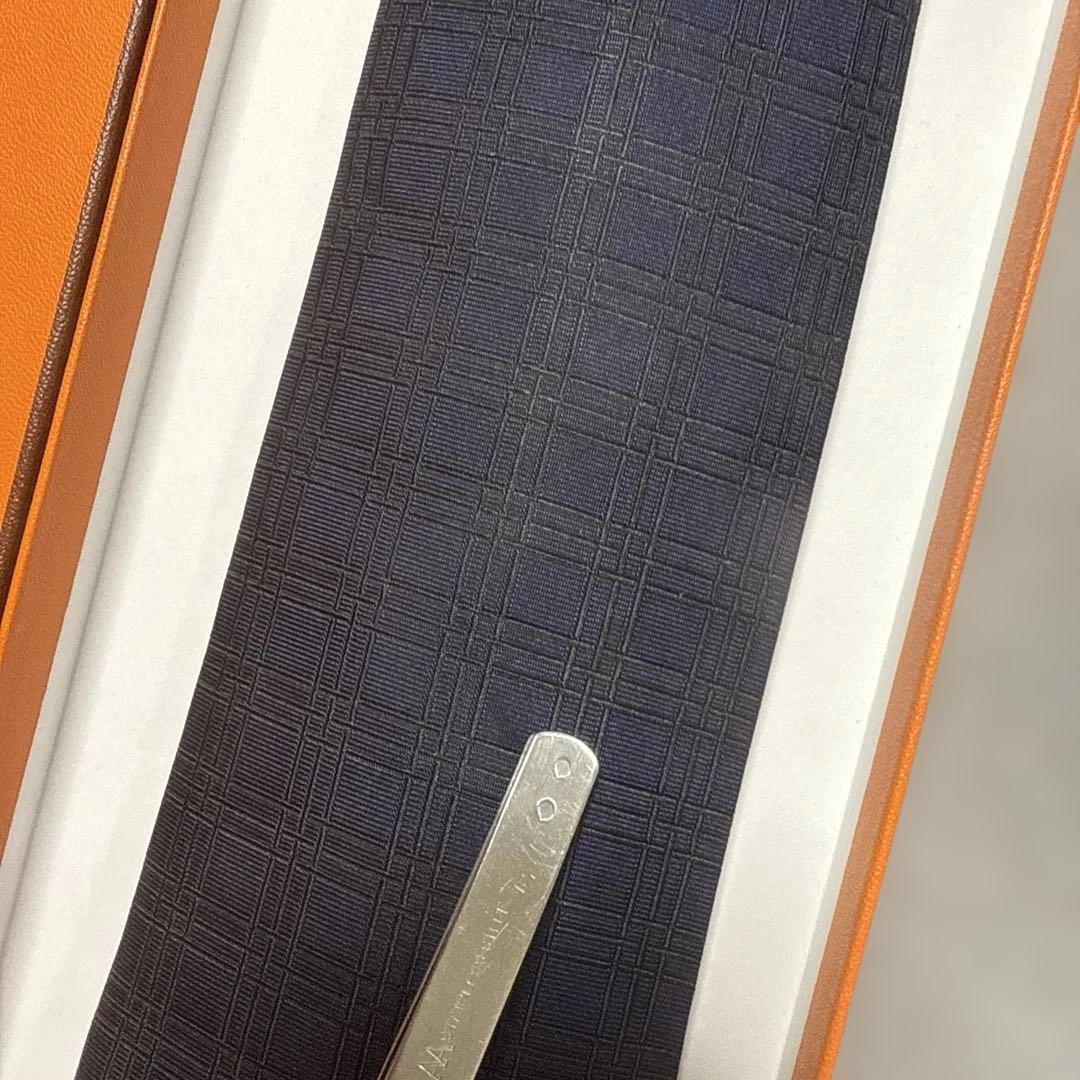 エルメス　ネクタイ　紺　チェック柄　シルクジャガード