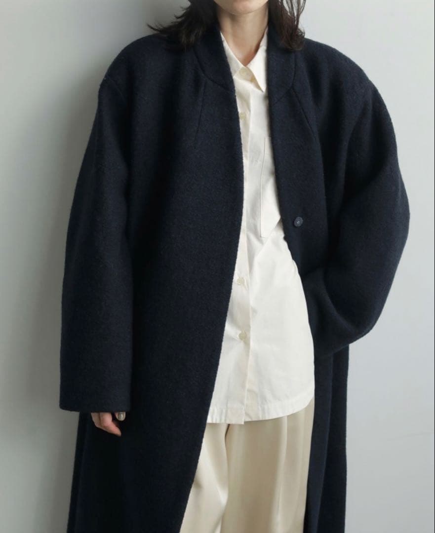 anuke Collarless Cocoon Coat 36 ネイビー