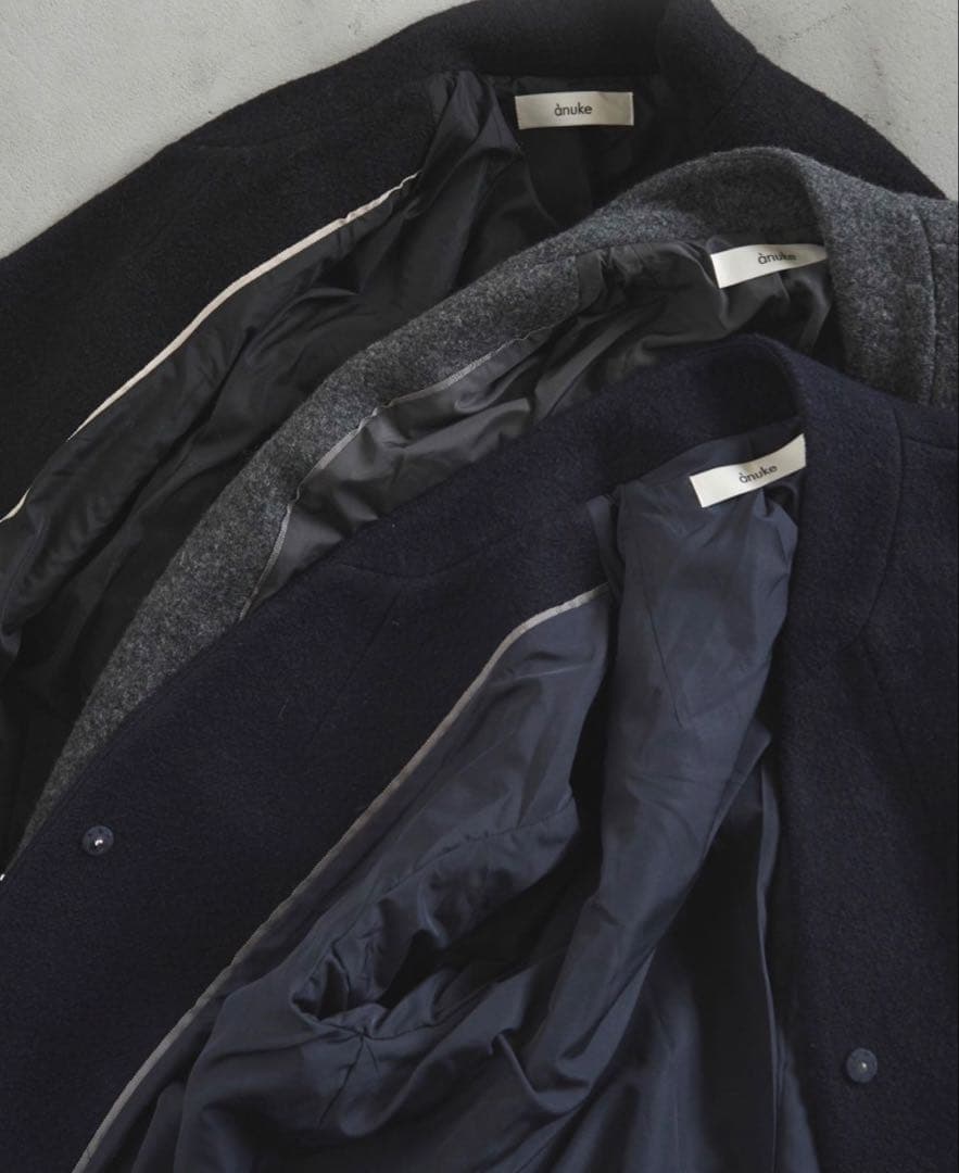 anuke Collarless Cocoon Coat 36 ネイビー