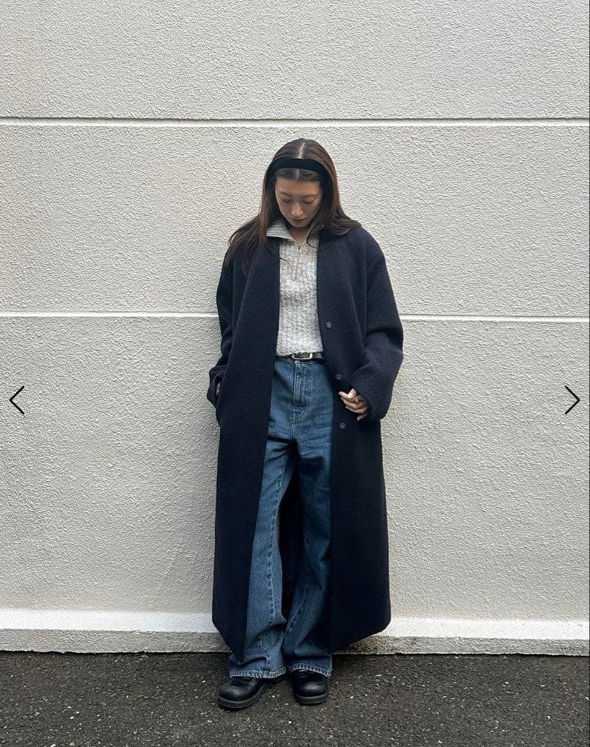 anuke Collarless Cocoon Coat 36 ネイビー