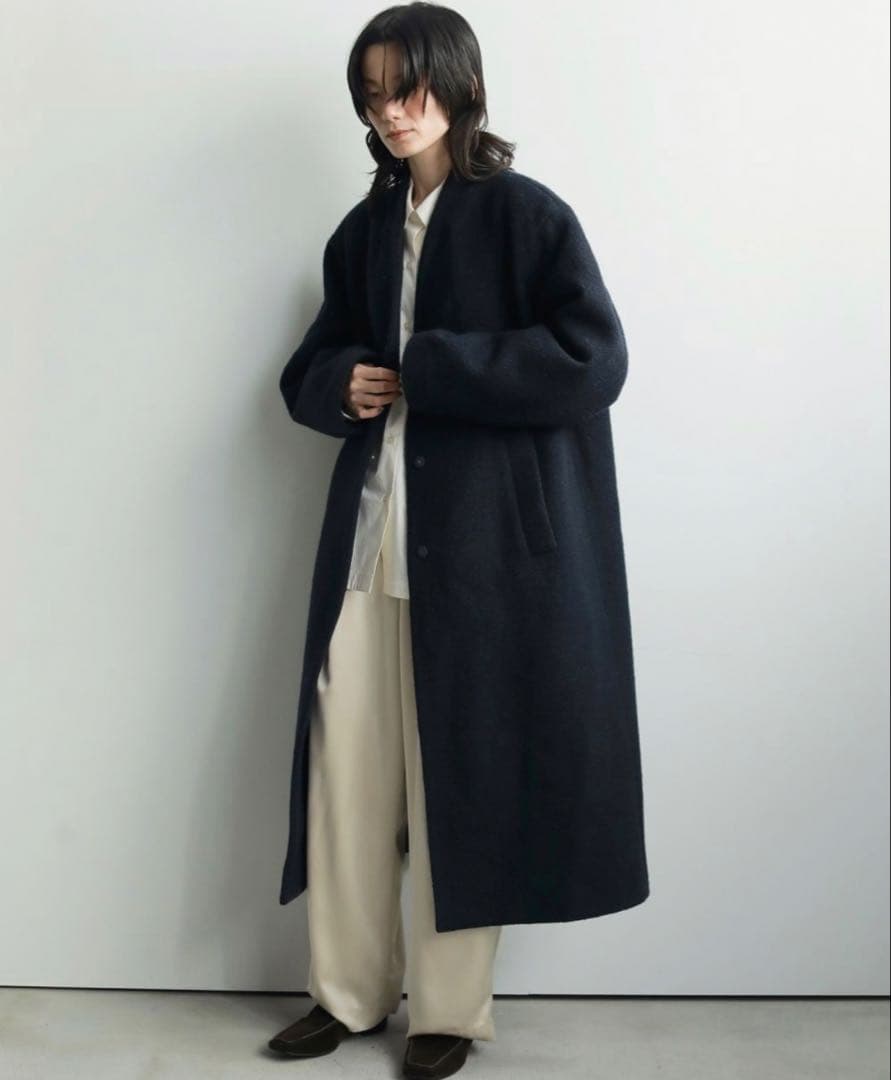 anuke Collarless Cocoon Coat 36 ネイビー