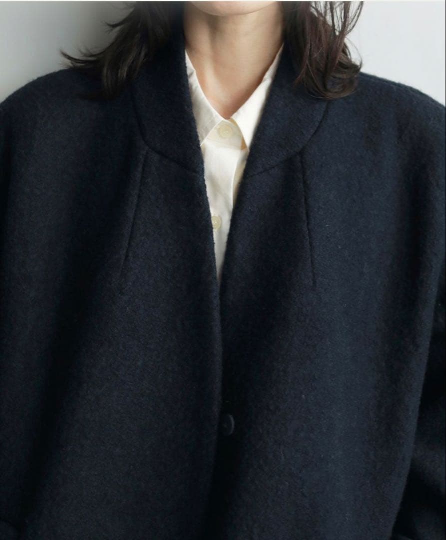 anuke Collarless Cocoon Coat 36 ネイビー