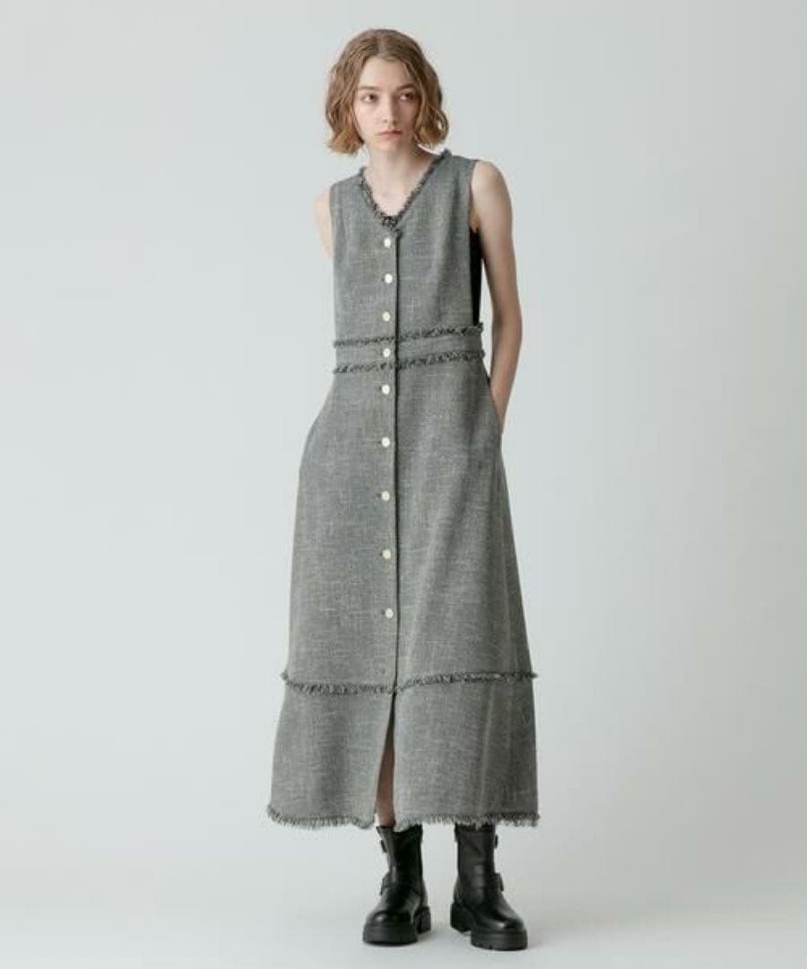 ノンウールツイードフリンジフレアワンピース