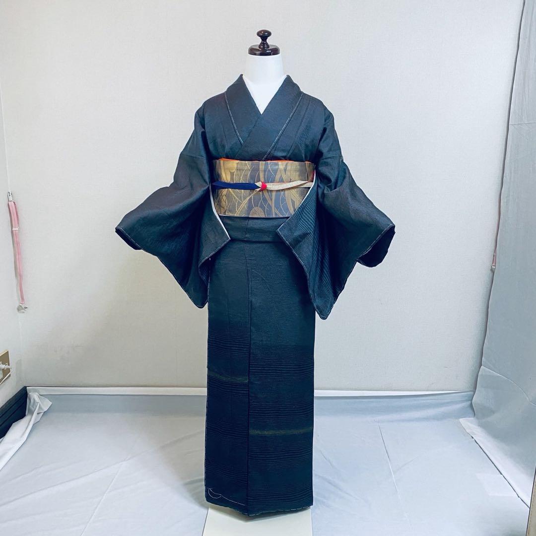 マ　十日町紬系 紬 着物　深色 先染め紬 訪問着　フルセット 普段着　美品　新品