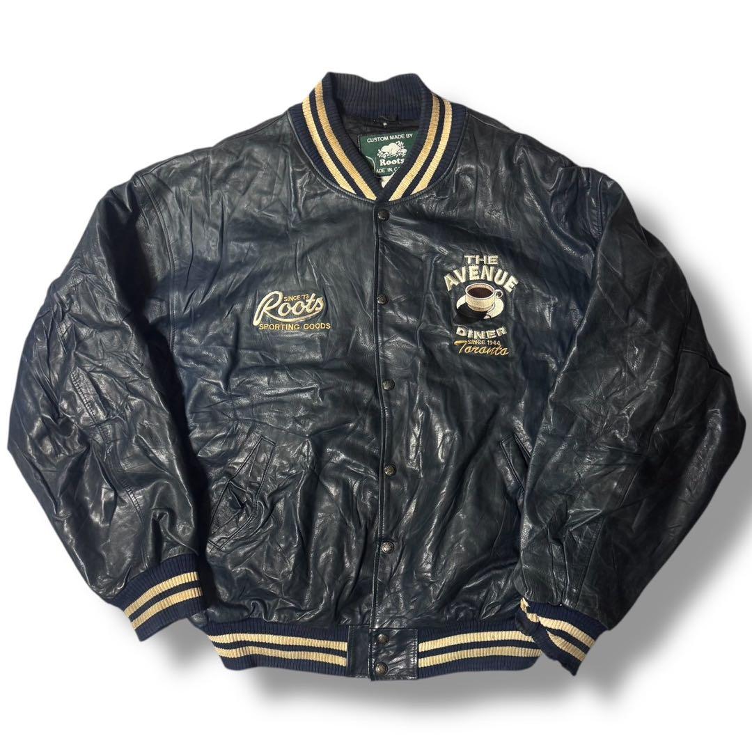 90s ルーツ オールレザー スタジャン バックロゴ ワッペン ダイナー