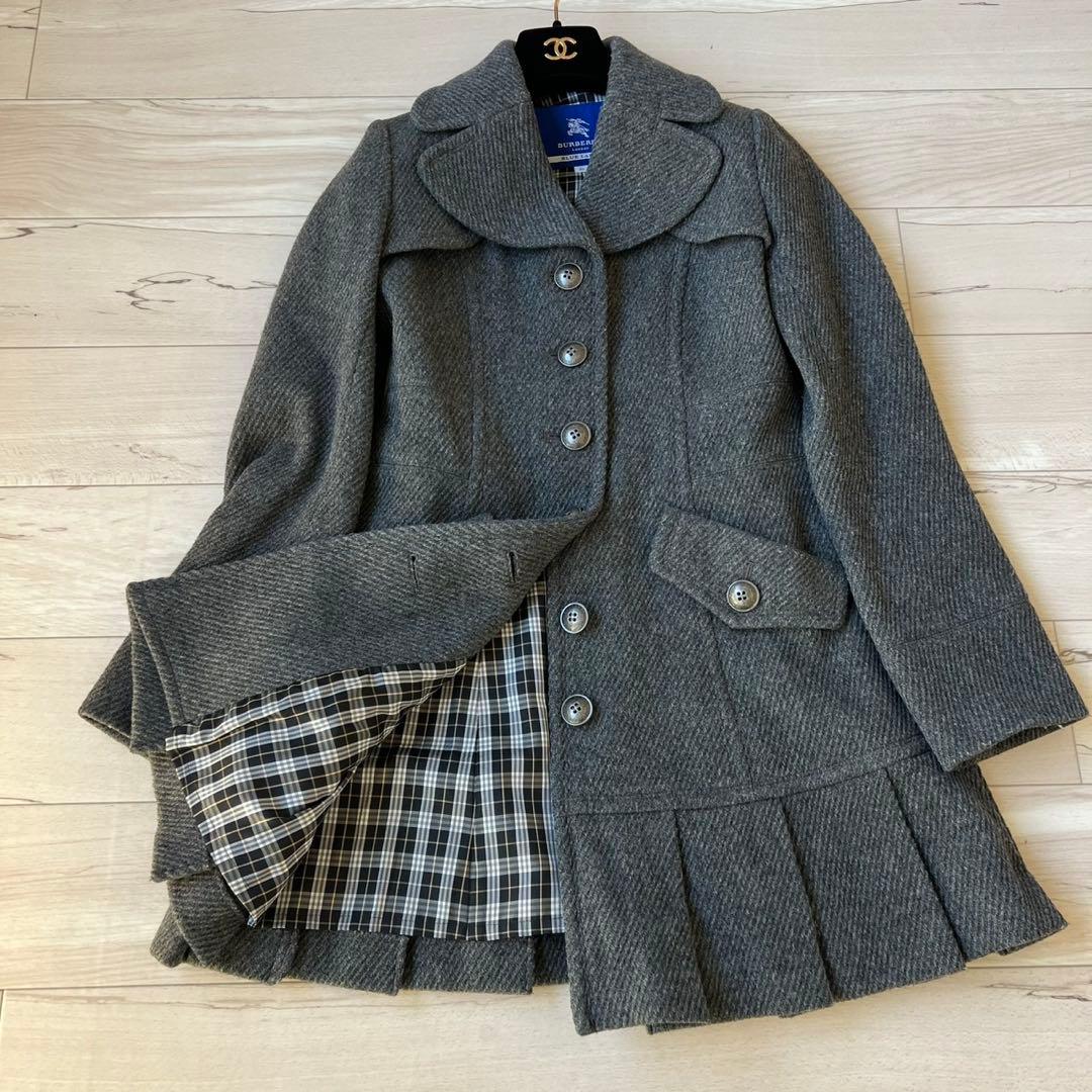 バーバリーブルーレーベル　ウールコート　ボタン　フリル　ロングコート　チェック