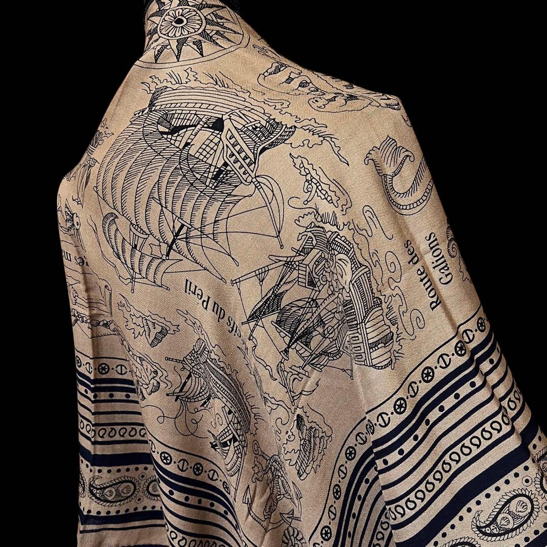 大判 ウール シルク ストール 羽織り ブラック 黒 ショール 羊毛 船乗り 海