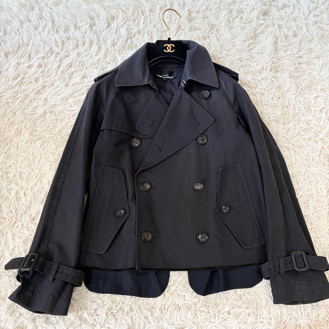トリココムデギャルソン ショートトレンチコート ブラック 切りっぱなしデザイン