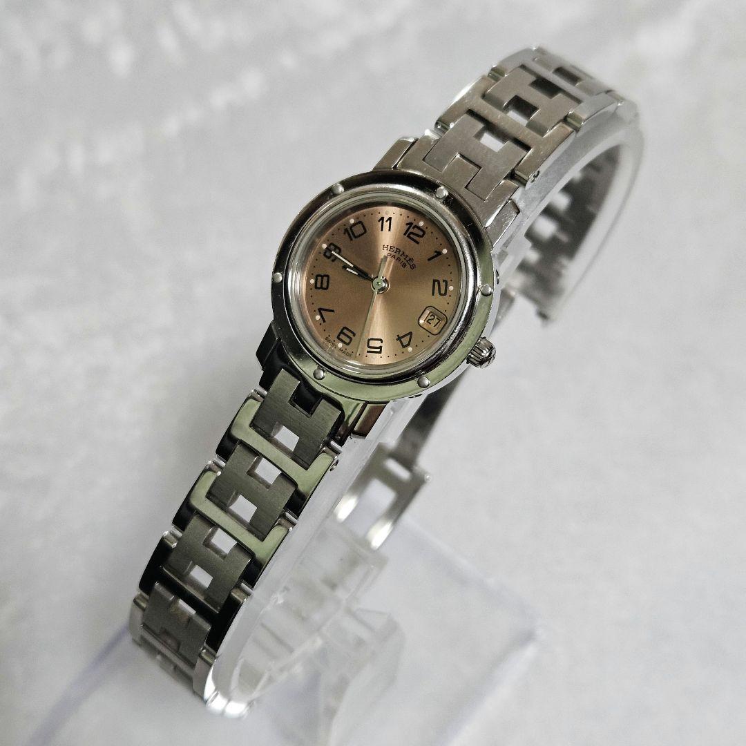 【稼働】HERMES クリッパー CL4.210 腕時計 デイト オレンジ文字盤
