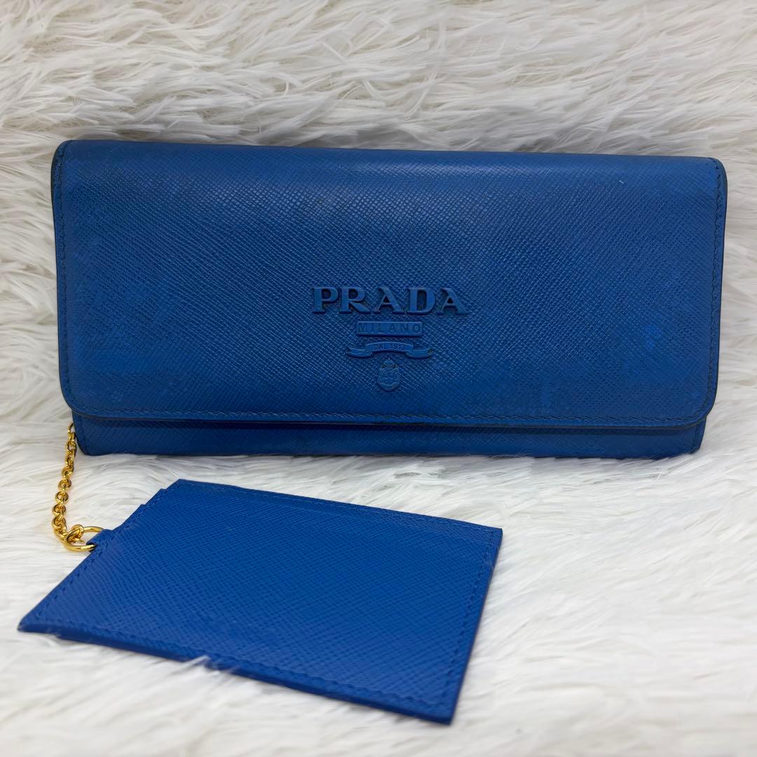 美品/希少✨ プラダ 長財布 折り財布 シャイン サフィアーノレザー ブルー