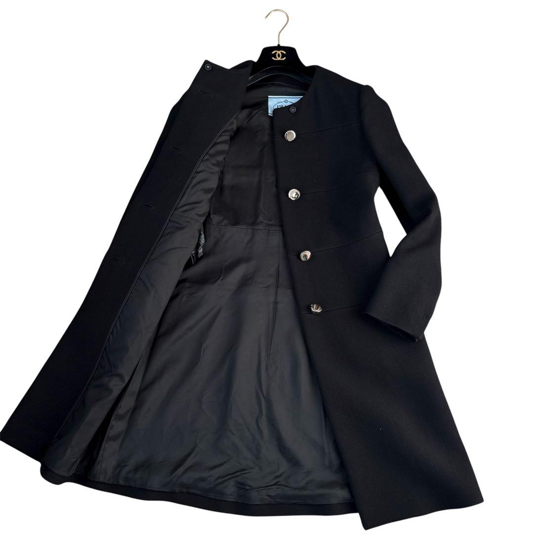 PRADA ロングコート 銀ボタン ノーカラー レディース ブラック 黒